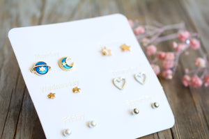 star and moon stud earring celestial set of 6 - silver gold stud earrings