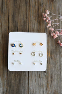 star and moon stud earring celestial set of 6 - silver gold stud earrings